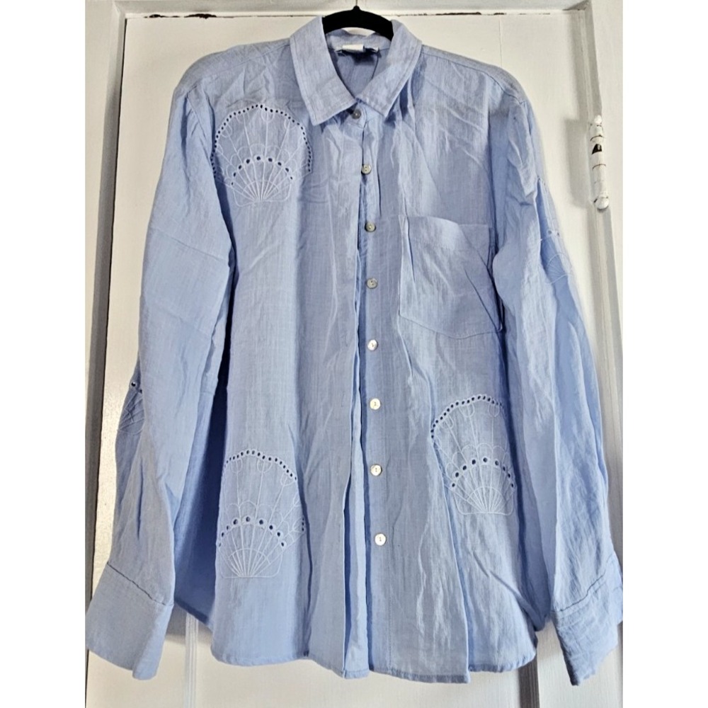 CalypsoSt. Barth button up shirt seashell cutwork embroidery womans L sky blue